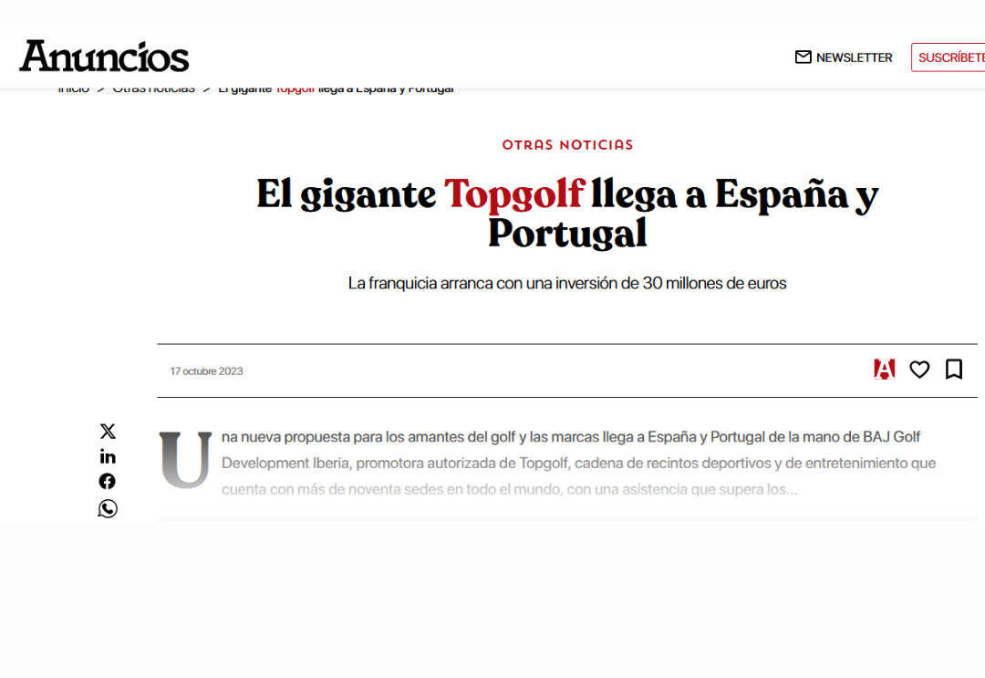 El gigante Topgolf llega a España y Portugal: La franquicia arranca con una inversión de 30 millones de euros.