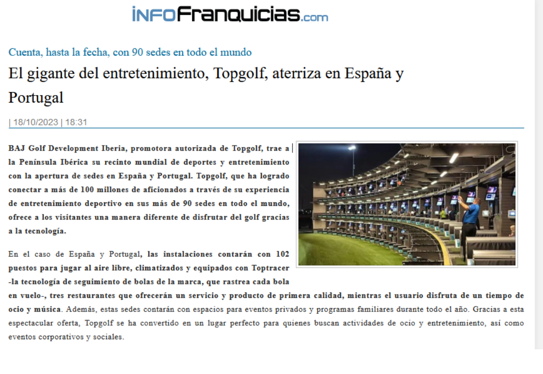 Empresas Topgolf – El gigante del entretenimiento aterriza en España y Portugal con una inversión de 30 millones de Euros